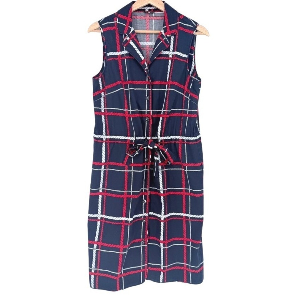 Talbots Womens Navy Red‎ Nautical Rope Plaid Sleeveless Shirt Dress Coastal 8